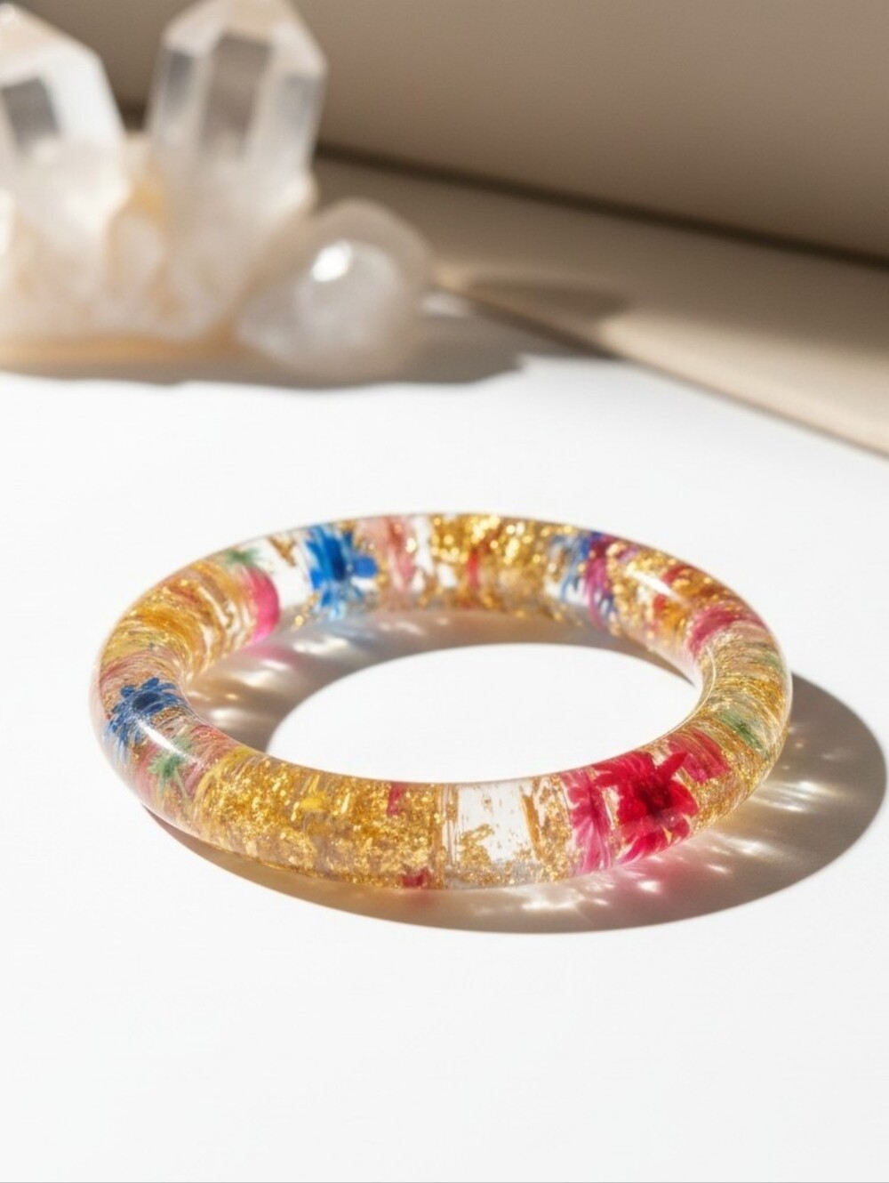Earth Art hand crafted artisan Multicolor Floral Resin Bracelet with Gold
